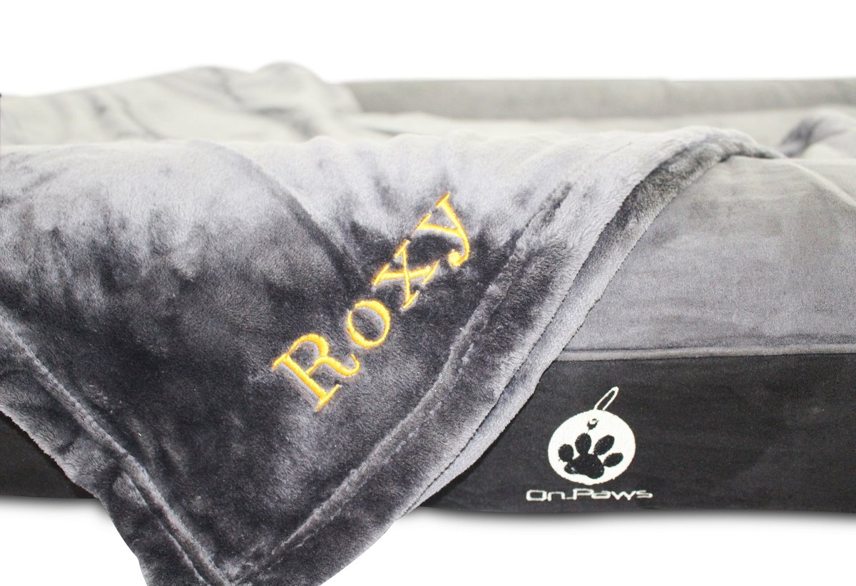 OnPawsUK's tweet photo. Why not add a personal touch, with a personalised On Paws Blanket, to go with your pooches bed. Different colours avaliable. https://t.co/L5ZsqNl0Fy