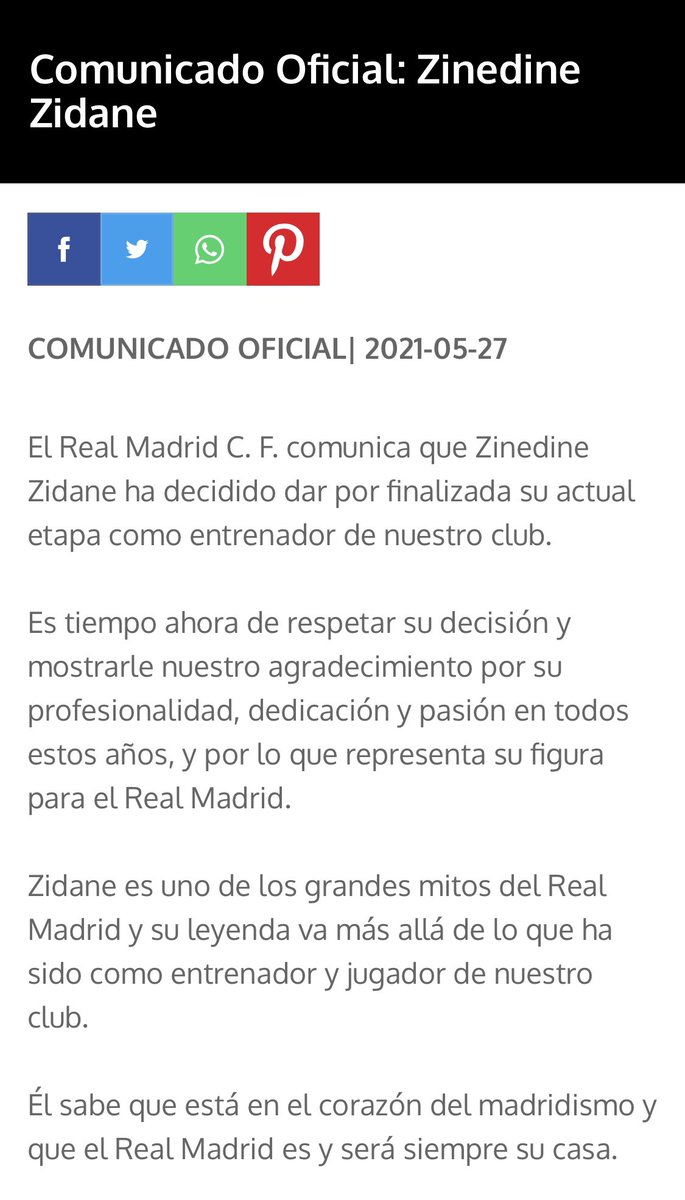 🚨 Oficial: ZIDANE se marcha del Real Madrid. 

x3 Champions League
x2 Ligas
x2 Mundialitos
x2 Supercopas de Europa
x2 Supercopas de España

Gracias por tu madridismo, por ganar, por defender al club y por darlo todo hasta el final. 

#GraciasZidane