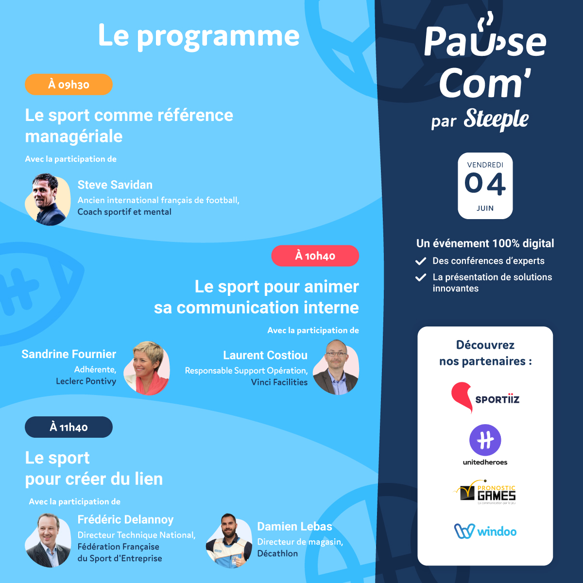 Vendredi 04 juin, il va y avoir du sport🤸‍♀️

Retrouvez-nous lors de Pause Com’ ! Un événement Com/RH en ligne organisé par <a href="/Steeple/">steeple</a> sur le thème du #sport en #entreprise.

Pour assister au live, recevoir le replay et découvrir cet événement 👉 bit.ly/3eZJiyt