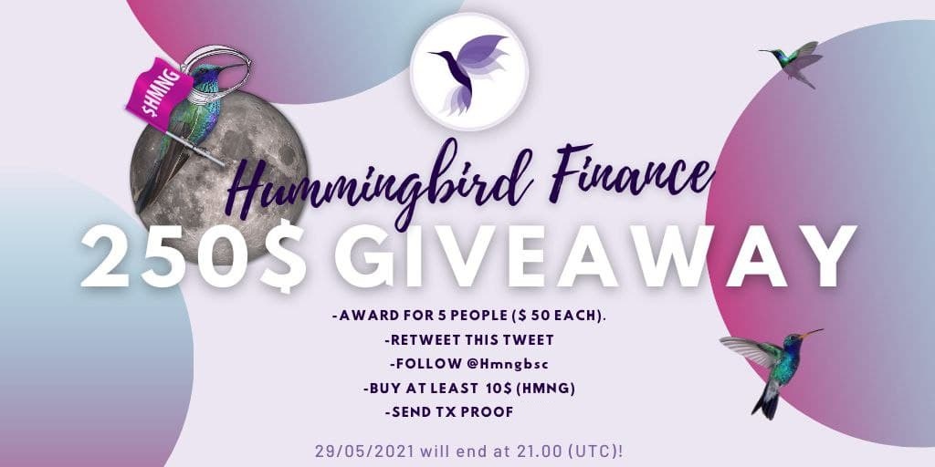 $HMNG 250$ Giveaway ! 

-Award for 5 people ($ 50 each).
-Retweet this tweet
-Follow our account
-Buy at least 10$ worth $Hmng:bit.ly/HmngBuy
-Send Tx proof 

29/05/2021 will end at 21.00 (UTC)!