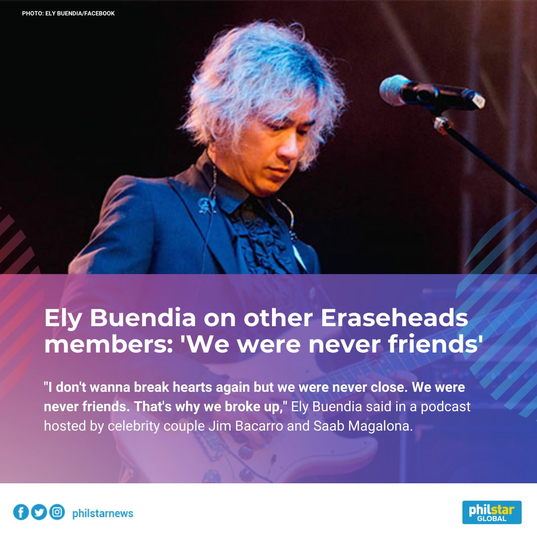 PhilstarNews's tweet photo. OPM icon Ely Buendia revealed that he and other members of his '90s band Eraserheads were never really friends. 

In a podcast, the former Eraserheads frontman said they’re not Itchyworms nor Parokya ni Edgar that’s why they broke up. 

READ MORE: https://t.co/lxITKwQONr https://t.co/VPrM1KZx1M