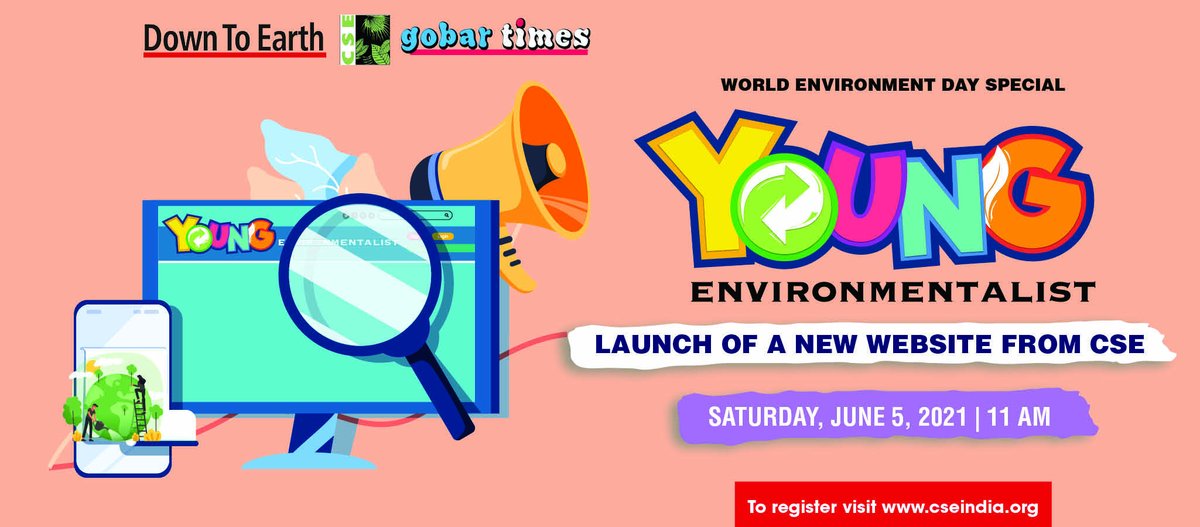 CSEINDIA's tweet photo. We are excited to announce the launch of CSE's new website for the young, the 'YOUNG ENVIRONMENTALIST' — going live this #WorldEnvironmentDay, June 5th @ 11AM IST. 

Register Now to join the launch-https://t.co/oLM9AdgLhm #WebsiteLaunch https://t.co/RVZIfuDzB4