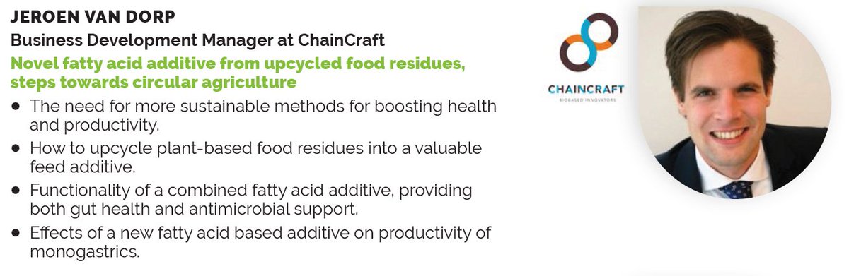 The fifth presentation of the day on the Livestock Stage at our Virtual All About Feed Forum is held by Jeroen van Dorp from ChainCraft and he will talk about ‘Novel fatty acid additive from upcucled food residues, steps towards circular agriculture’.  ow.ly/xfKL50EVwO2
