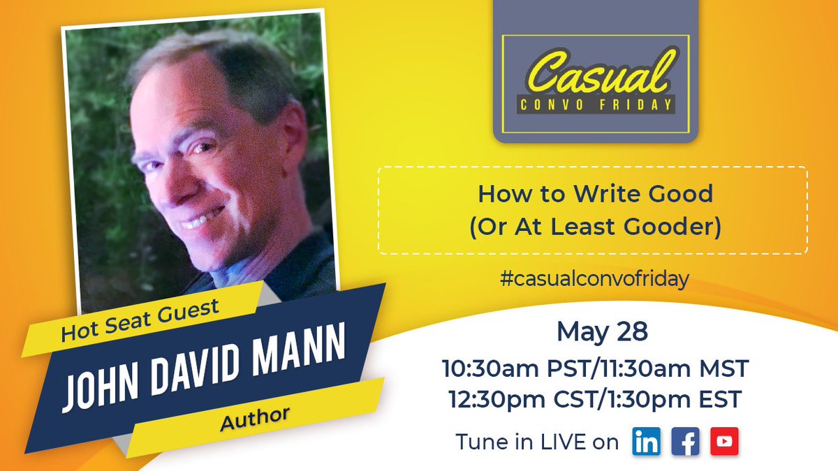 JohnDavidMann's tweet photo. Catch me live tomorrow (Friday) at 1:30 pm Eastern “on the hot seat” with Tisha Marie Pelletier and Nate Flood, talking #HowToWriteGood https://t.co/eEjVaqMDOf https://t.co/P56pxiRsZO