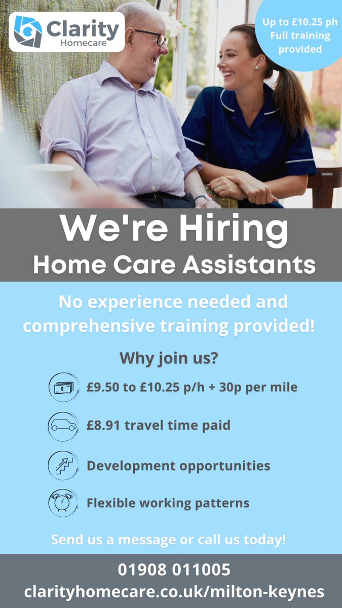 Come and join the Clarity team! 💙
Full time and Part time positions available!
Weekend/Bank positions also available! 
✨Call or message for more details ✨
#teamclarity #homecare #jobs #miltonkeynes #healthcare #domiciliarycare