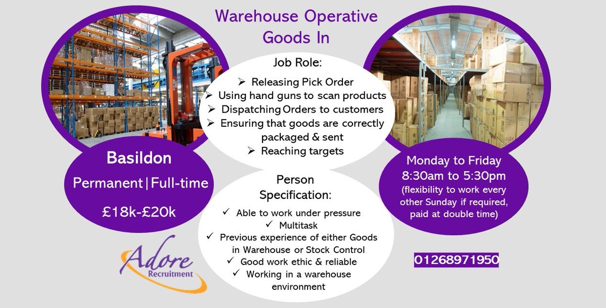 AdoreRec's tweet image. Warehouse Operative Goods In 
Basildon 
£18k-£20k 
Monday to Friday 
8:30am to 5:30pm 
Please call Claire or Lisa 01268 971950
#freightforwarding #basildon #goodsin #warehouse #warehousejobs #warehouseoperative #warehousework #logistics #freight #basildonjobs #stanfordlehope