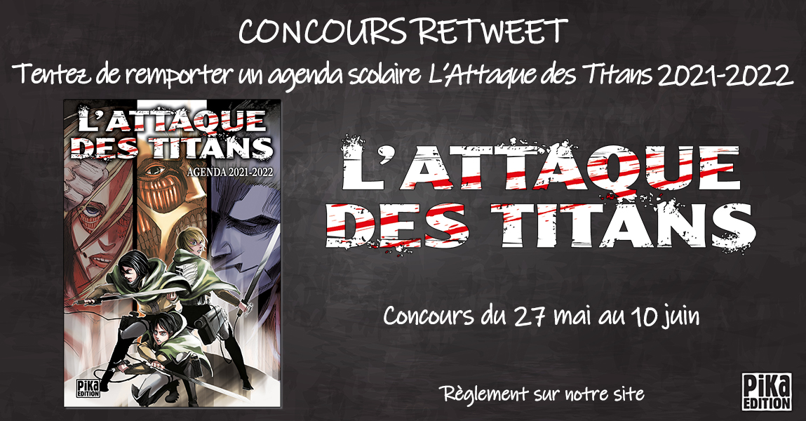 pikaedition's tweet photo. ⭐️ À l'occasion de la sortie de l'agenda "L'Attaque des Titans" 2021-2022 le 9 juin 2021, nous vous proposons un jeu-concours pour tenter de remporter un exemplaire  ! ⭐️

1-Abonnez-vous à @pikaedition,
2- Likez et RT jusqu'au 10/06.

#pikaediton #concours #manga #agenda #aot https://t.co/mwK5TITVfP