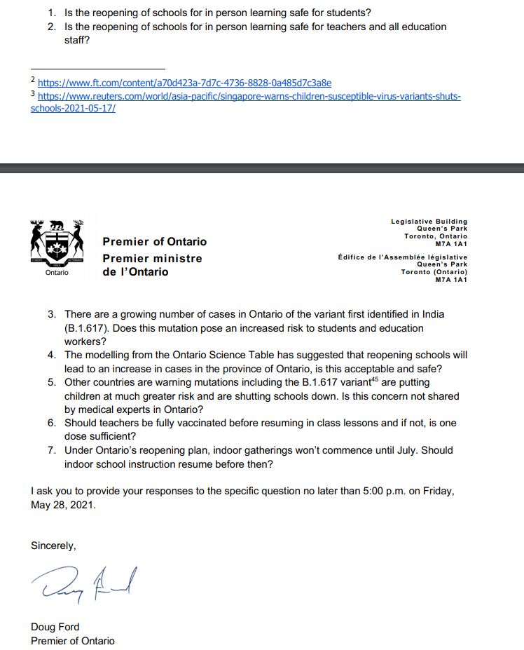 BREAKING: Premier Doug Ford sends an open letter to local medical officers of health, healthcare associations, and pediatric hospitals asking for their opinion on reopening schools. 

Here are the key questions being asked:

#onpoli