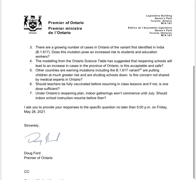 RichardCityNews's tweet photo. #BREAKING - Premier Ford sends a letter to educators, scientists, doctors, unions asking seven questions to find a consensus as to whether or not to re-open schools. Questions include whether a growing number of variants of concern poses a risk to students and education workers https://t.co/sQOqGiFp2m