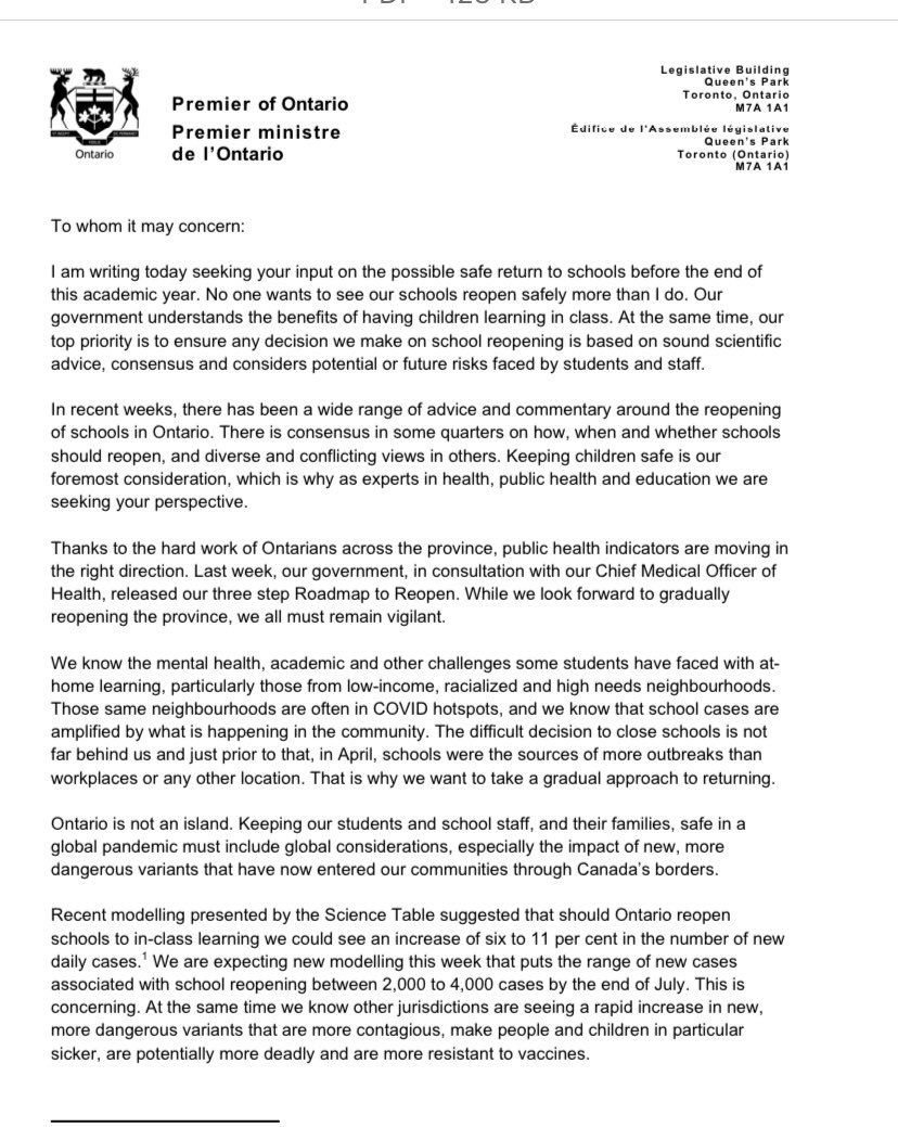 RichardCityNews's tweet photo. #BREAKING - Premier Ford sends a letter to educators, scientists, doctors, unions asking seven questions to find a consensus as to whether or not to re-open schools. Questions include whether a growing number of variants of concern poses a risk to students and education workers https://t.co/sQOqGiFp2m