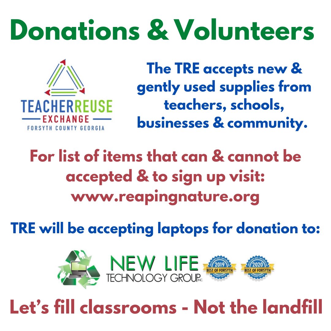 TeacherReuse's tweet photo. Bring your new &amp; gently used school supplies &amp; electronics for recycling SATURDAY 5/29, 9am to 11am. OPEN TO PUBLIC.

@forsythnews @forsythherald @MyForsythMag 
@wsbtv @NewLifeTechnolo @CoalMountainES https://t.co/RrCcWzx5NU