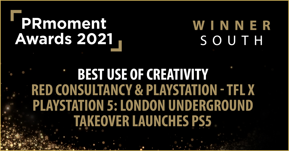 therealprmoment's tweet image. Well done to the winner of the Best Use of Creativity: @redprnews for Red Consultancy &amp;amp; PlayStation - TfL x PlayStation 5: London Underground takeover launches PlayStation 5 #PRmomentAwards