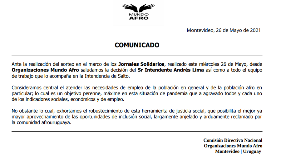 mundoafro_'s tweet photo. Desde Organizaciones #MundoAfro saludamos la decisión del Intendente .@AndresLimaSalto de garantizar el cupo afro en los sorteos de los #JornalesSolidarios
Al tiempo que exhortamos a seguir robusticiendo dicha herramienta de justicia social
#Uruguay
#Salto https://t.co/GxZ7DNbRYY