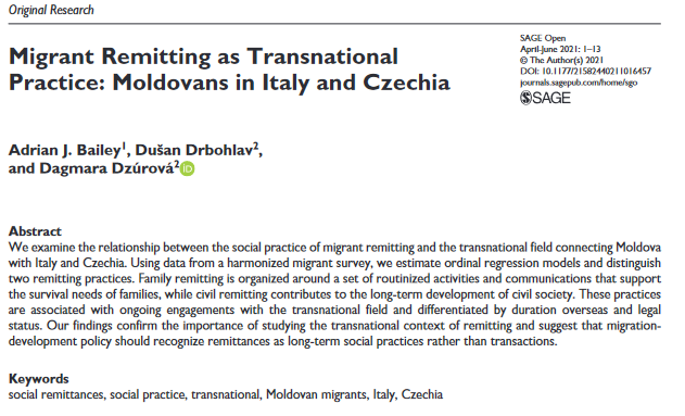 science_charles's tweet photo. #Moldovan #migrants in #Italy and #Czechia: The relationship between the #socialpractice of migrant #remitting and the #transnational field published in @SAGE_Publishing by @DagmarDzurova, Dušan Drbohlav and Adrian J. Bailey. (MP)
👉 https://t.co/Hu0BPOHSqH
#socialremittances https://t.co/5fkM6lyVYU
