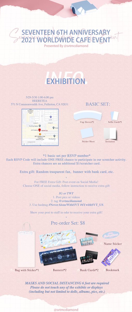 svtmcdiamond's tweet photo. ๐SEVENTEEN 6TH ANNIVERSARY Cupsleeve & Exhibition Event in OC ๐
๐5.29-30 1-6pm
HEERETEA, Fullerton
RSVP & Pre-order now open๏ผ
๐below
Please see the date carefully.
#SEVENTEEN #์ธ๋ธํด #6YearsWithSVT #SEVENTEEN_6TH_ANNIVERSARY
#NeverAloneWithSVT #6YwithSVT_US https://t.co/Hnqk0SjLQ5