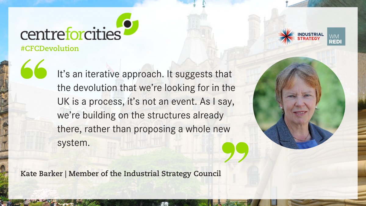 CentreforCities's tweet photo. 🗣️ Kate Barker, Member of @ISCProd_Matters outlines the key findings of the ISC's final report, emphasising how an iterative approach is needed for UK #devolution.  
#CFCDevolution https://t.co/DCJki1U2NH