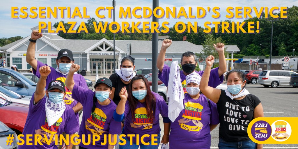 CTForAll's tweet photo. 🚨 STRIKE ALERT! 🚨 @McDonalds CT service plaza workers are on strike for their families and their communities. @GovNedLamont: Tell McDonald’s to stop union busting at state-owned service plazas! Call 860-566-4840 NOW #ServingUpJustice #RecoveryForAllCT #Fightfor15 @32BJSEIU https://t.co/E8tfYKlhEt