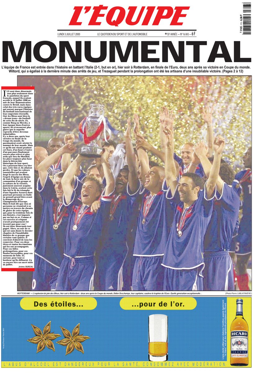 lequipe_pro's tweet photo. 🗞️Rendez-vous ce samedi pour une nouvelle réédition collector : le journal du 3 juillet 2000 dans son format d'origine qui célèbre la victoire des Bleus, MONUMENTAL !🏆🇫🇷

#lequipe https://t.co/hYjMOX9WHP
