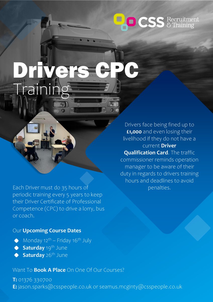 CssRecruitment1's tweet image. Are you looking for a #DriversCPC Training Course 🤷‍♂️

At CSS, we have a number of courses scheduled to take place over the coming months which include Saturdays 👇