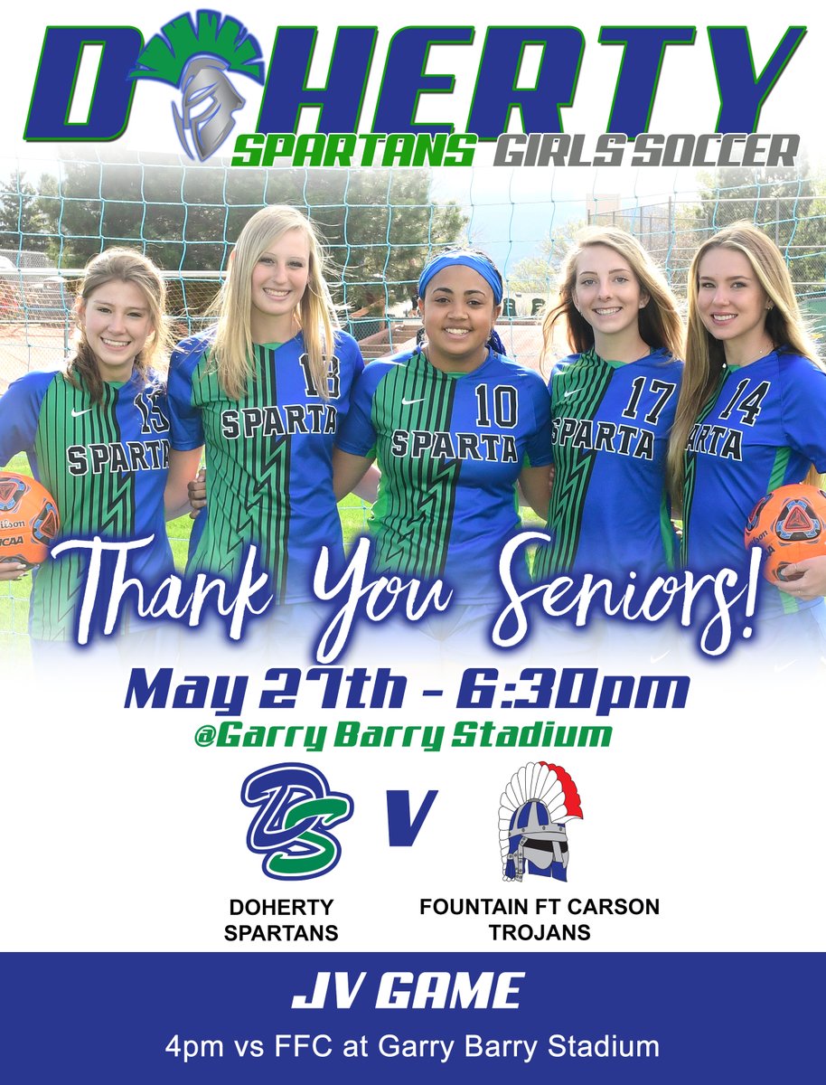 Doherty_Soccer's tweet photo. SENIOR NIGHT!!!! Come out and support our awesome Seniors as we celebrate them tonight at Garry Barry at 6:30pm (Senior Night will start roughly 6:15pm). 
JV plays at 4pm! 💚💙

#findaway https://t.co/7uFpsFVOap