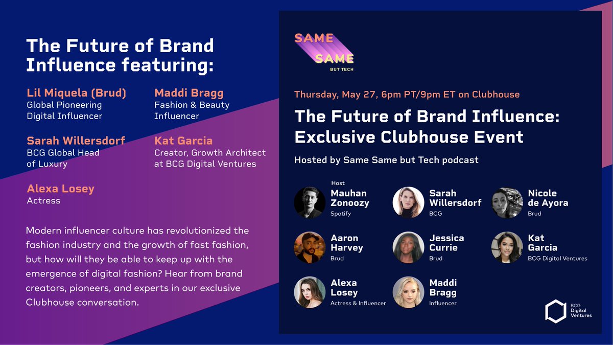 bcgx_'s tweet photo. What will the future of brand influence look like? Hear from brand creators, pioneers and experts in @ssbtpodcast's hosted #Clubhouse conversation TODAY at 6PM PDT/9PM EDT🚀Special guests include: the team behind @Lilmiquela, @BCG's @S_Willersdorf &amp; more: https://t.co/40SzjDTnNY https://t.co/5TGnYcM7l8