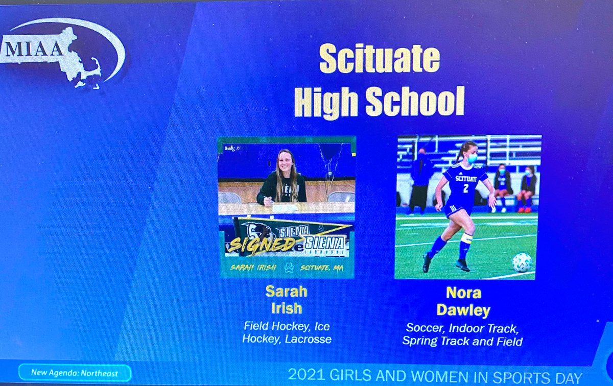 ScitAthletics's tweet photo. Congratulations to Nora Dawley &amp; Sarah Irish, who represented Scituate HS this afternoon at the Massachusetts Virtual Celebration of Girls and Women in Sports Day! Thank you to @sammymewy for your words of wisdom! @MIAA033 @scituateruth @scituatehigh https://t.co/HwHA4b2IOZ