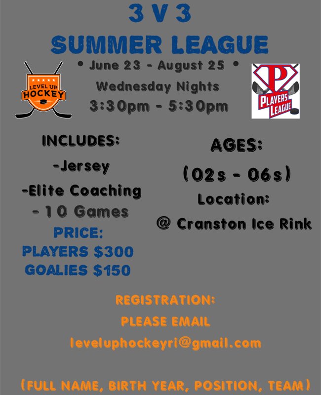 hockey_level's tweet photo. GO REGISTER!!

The purpose of 3V3 is to help players work on moving without the puck, communication, quick decision making, shooting lanes &amp; passing lanes and of course a chance for them to have a little fun mid week! #PlayersLeague #LevelUp https://t.co/GhHPxW7Lzz