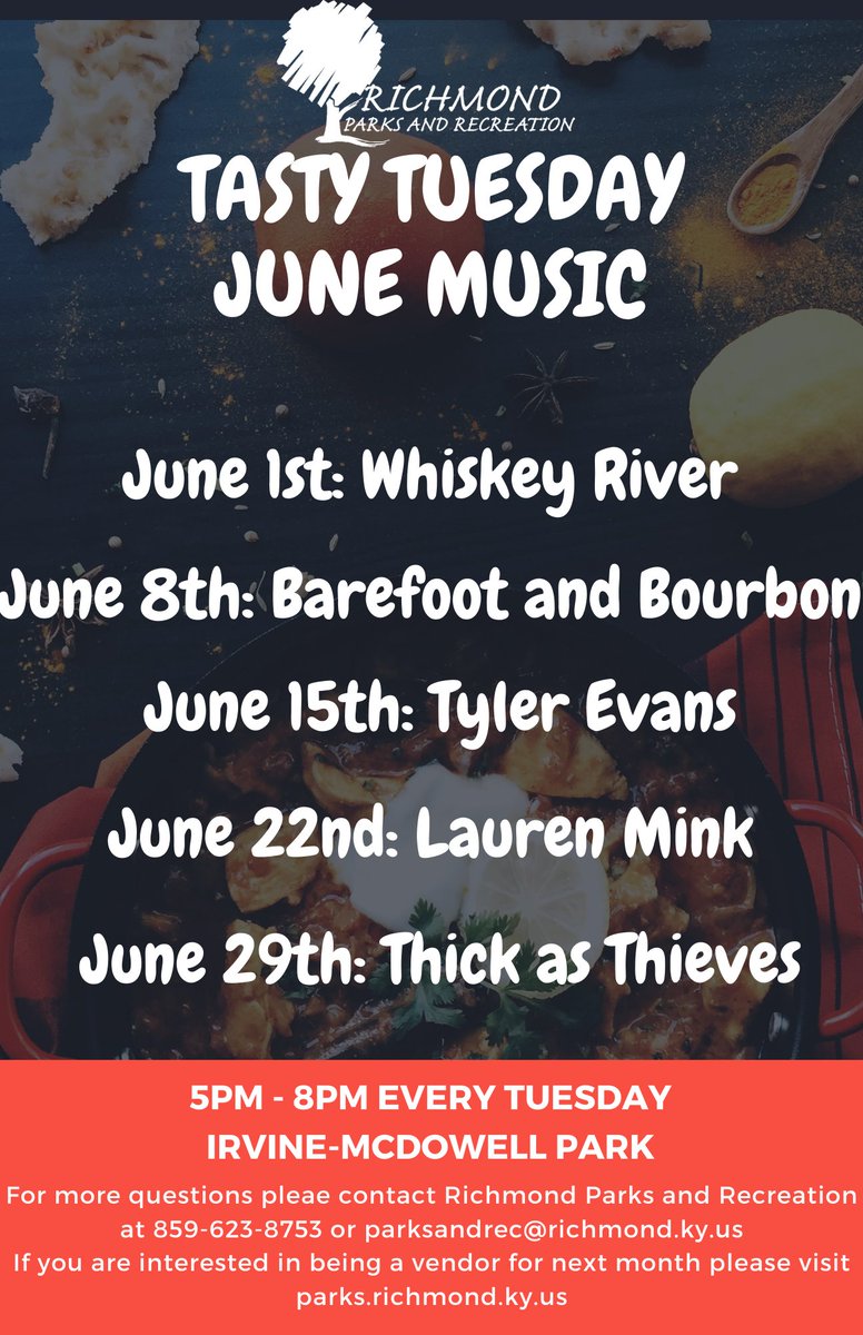 RichmondKYParks's tweet photo. Check out our music lineup for the June Tasty Tuesdays! 5 weeks, 5 performers, 5 fun times!

#rky #myrichmond #TastyTuesday #richmondky https://t.co/f2JBar5N3F