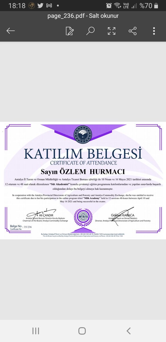 HurmacOzlem's tweet photo. @ANTALYA_TOM @gokhankaraca_ @alicandir @antalyaborsa @RHisarciklioglu @bekirpakdemirli #sutakademisi #gelecektarimda #belgemgeldi  değerli hocalarımın yorumlarıyla anlattığı yorumlarına antalya tarım online ekibine  ve @dr_sevalkirdar  hocama emekleri icin cok tsk ederim.ikinci belgeme de kavuştum emeklerinize saglik https://t.co/SxvVXIKO6K