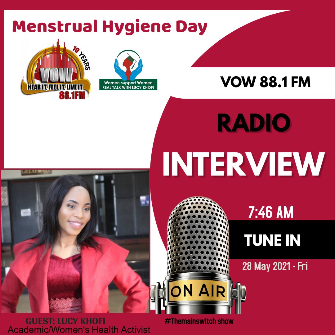 Menstrual Hygiene Day - Radio interview 🎙️.

Join me tomorrow as I will be talking about
Menstrual Hygiene. #Themainswitch show will be hosted by Sizwe. 

Radio station: VOW 88.1 FM

#menstrualhygeine
#menstrualhygieneweek #MenstrualHygieneManagement #menstruation #period