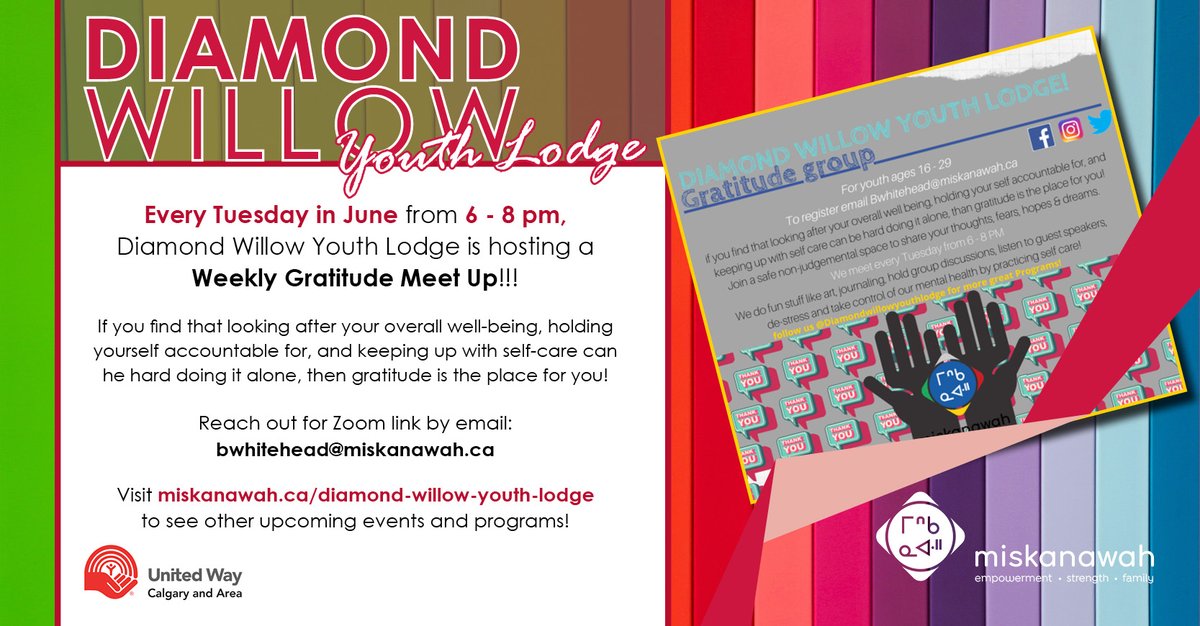 Every Tues. in June 6-8pm, join Diamond Willow <a href="/YouthLodge/">Diamond Willow Youth Lodge</a>  for a Gratitude Group!! If you find that looking after your overall well-being &amp; keeping up with self-care can he hard doing it alone, then gratitude is the place for you!
#indigenousyyc #youthyyc #miskanawah #yycevents