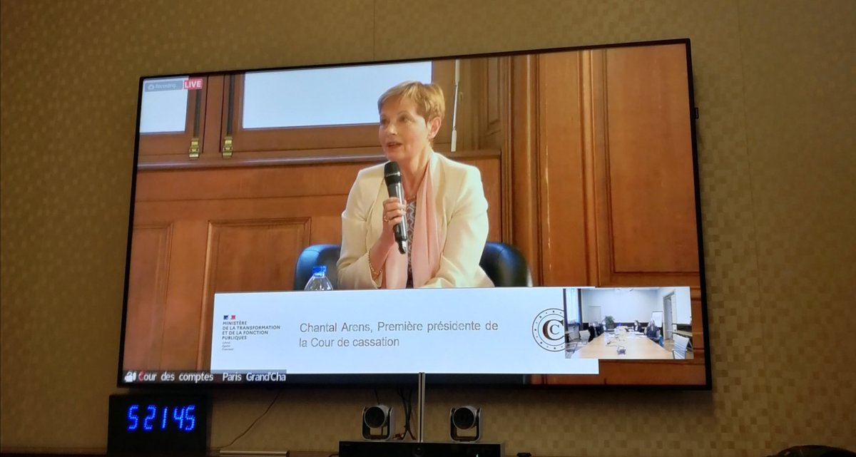 Restitution par <a href="/BanulsJustine/">Justine Banuls</a> de l'atelier sur l'#opendata des décisions de justice et réactions en réponse de Mme Chantal Arens <a href="/Courdecassation/">Cour de cassation</a> #gouvernementouvert
(via des écrans depuis la Grand Chambre de la Cour des comptes car jauge sanitaire)