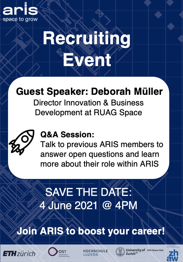 Are you a space enthusiast and interested in joining ARIS?

We are hosting a Recruiting Event on June 4th at 4pm 🚀
Zoom Link: ethz.zoom.us/s/69338799309 

We are looking forward to seeing you there 🚀