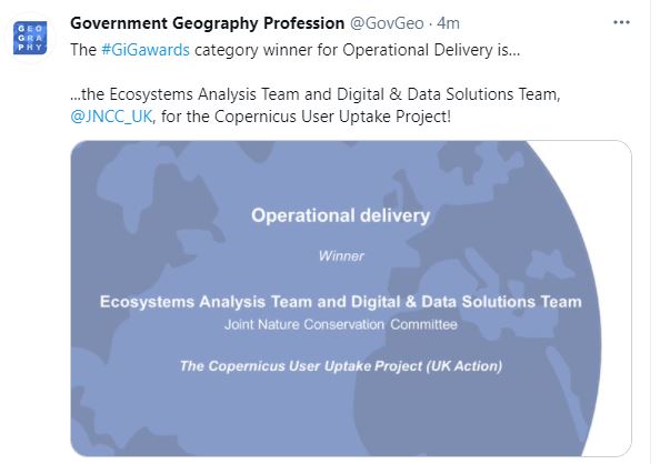 We are delighted to announce that JNCC’s Copernicus User Uptake Project (UK Action) was the winner in the Operational Delivery category today, at the Government in Geography Awards.  Check out our entry youtube.com/watch?v=-748W1…