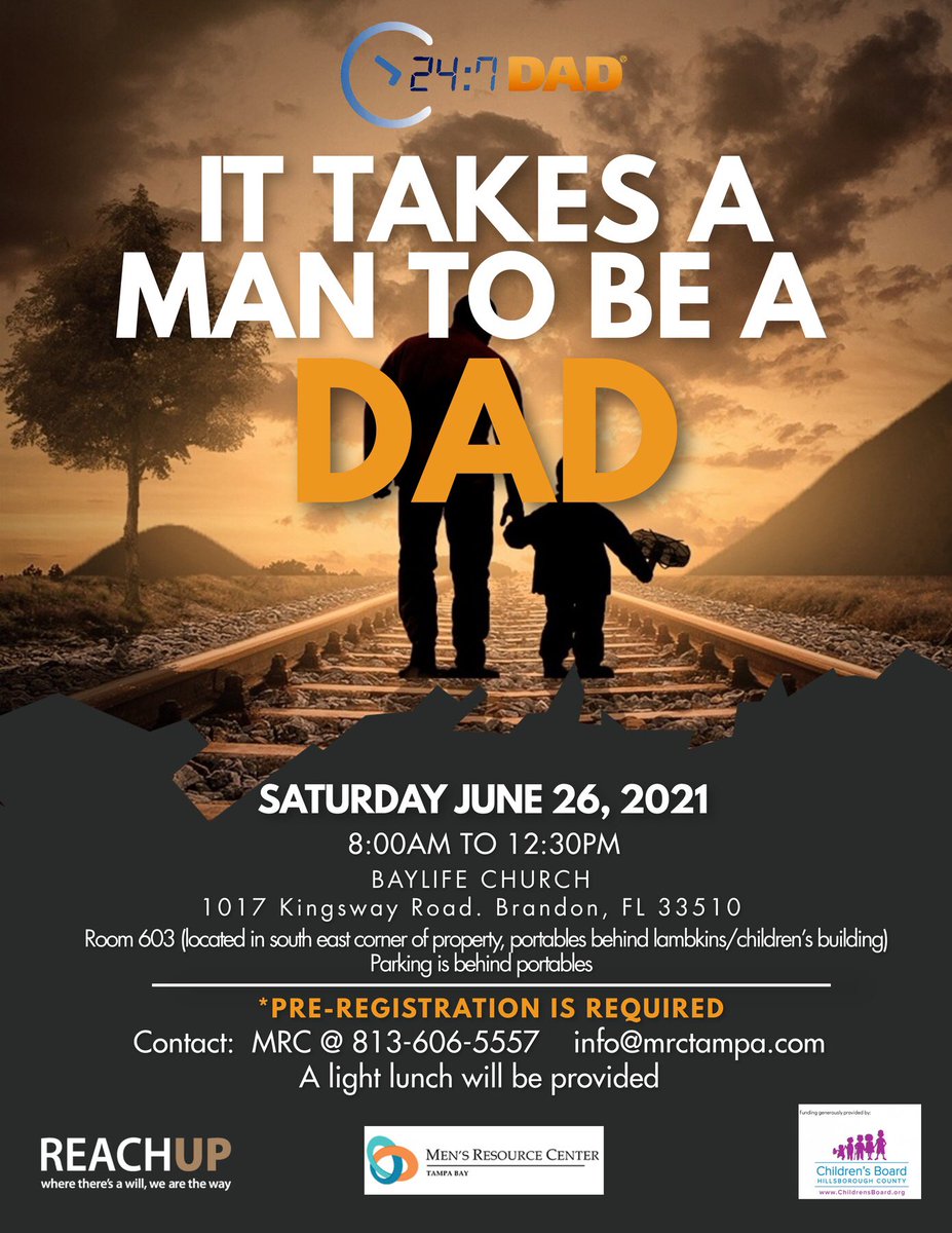 MrcTampa's tweet photo. Exceptional edu opportunity on being a #father or #dad - for young men. “It Takes A Man To Be A Dad”.  #mrctampa Limited seating to first 25.  Hosted by Bay Life Church - Additional sponsors include Children’s Board of Hillsborough County and ReachUp #HowToBeADad https://t.co/u5pvgSxnXw