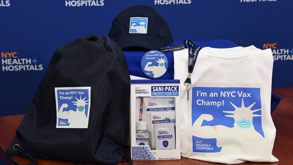 JacobiNCBHosp's tweet photo. Heads up! We're giving out neat #NYCVaxChamp gift bags to those getting their #COVID19 vaccine at our locations. Make an appointment here. https://t.co/C36b0EudIA https://t.co/AJdAEVKqog
