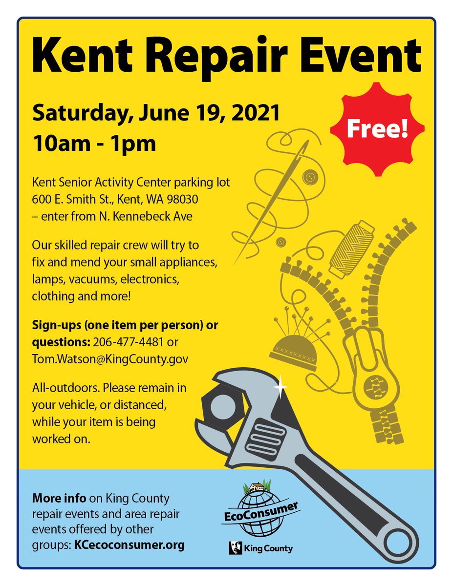 ecoconsumer's tweet photo. Join us Saturday, June 19th, 10am-1pm for our free community repair event in Kent! https://t.co/ADNZgh7Zbg https://t.co/TzyjwtPeCr