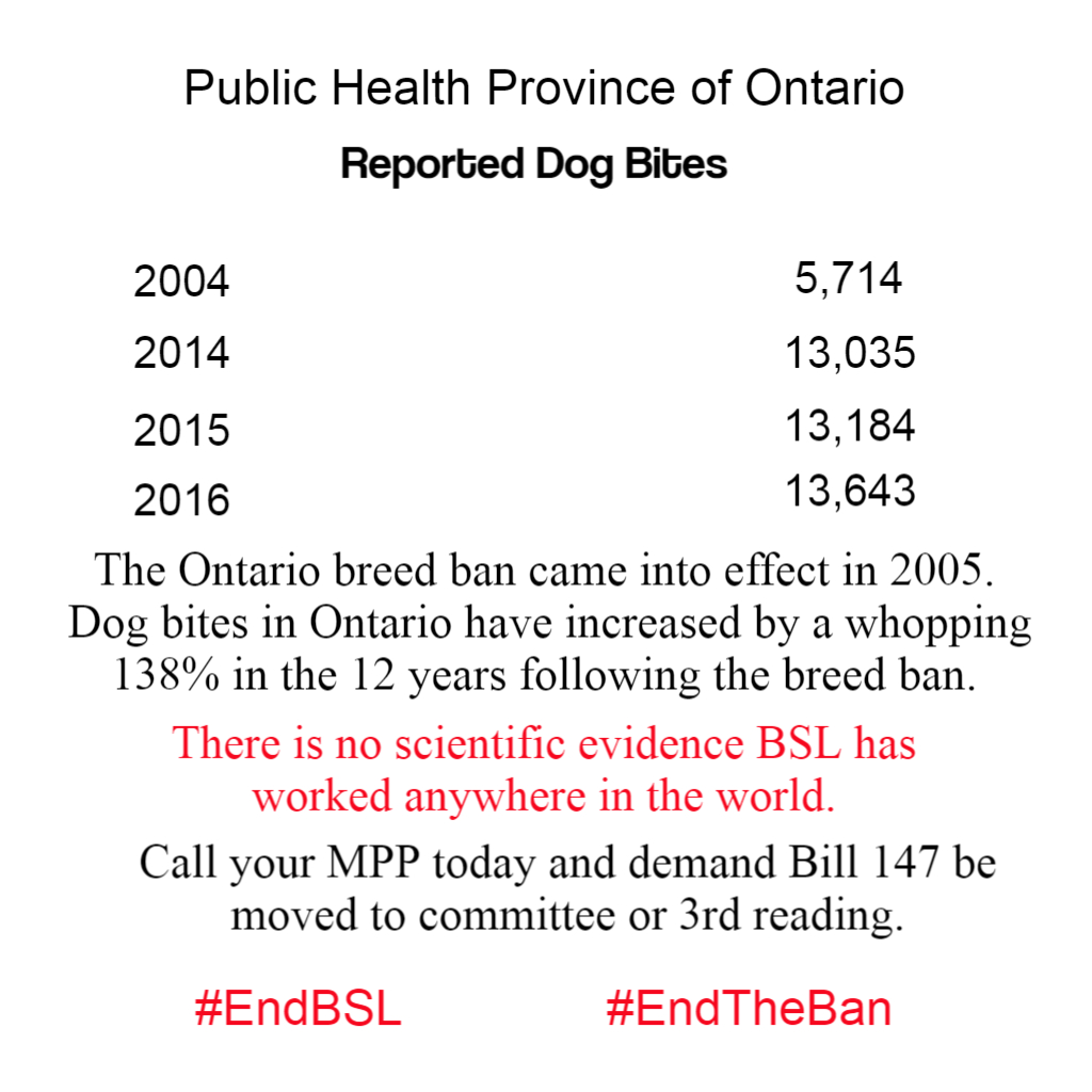 Fayclis's tweet photo. .@fordnation when #BSL came into effect in 2005 it was thought #dogBites would decrease. Fact is dog bites in #Ontario increased 138% over the next 12 years. It is past the time to move #Bill147 to committee or 3rd reading and end this discriminatory and ineffective ban. #onpoli https://t.co/zvg5hHAmd5