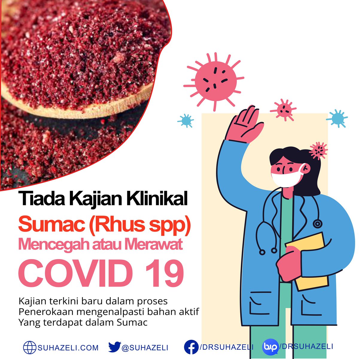 suhazeli's tweet photo. Buat masa sekarang tiada kajian yang membuktikan Sumac itu mencegah atau merawat COVID-19.
Kisah wanita Turki yang kononnya bermimpi bertemu Nabi dan Nabi menyuruh menggunakan Sumac untuk merawat COVID-19 perlu diteliti dengan betul kesahihannya. Mimpi bukan asas pembuktian. https://t.co/FGwLfXYkfW