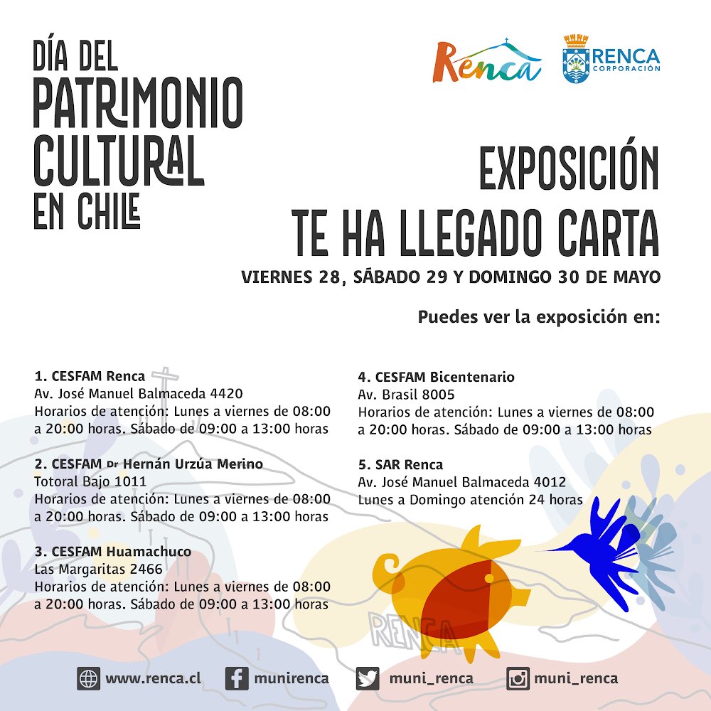 Durante el fin de semana del Patrimonio, se exhibirá una muestra que consiste en la conversación epistolar entre diferentes generaciones de vecinas y vecinos de la comuna.
Se podrá ver en todos los Cesfam y SAR de la comuna. #DíaDelPatrimonioCultural