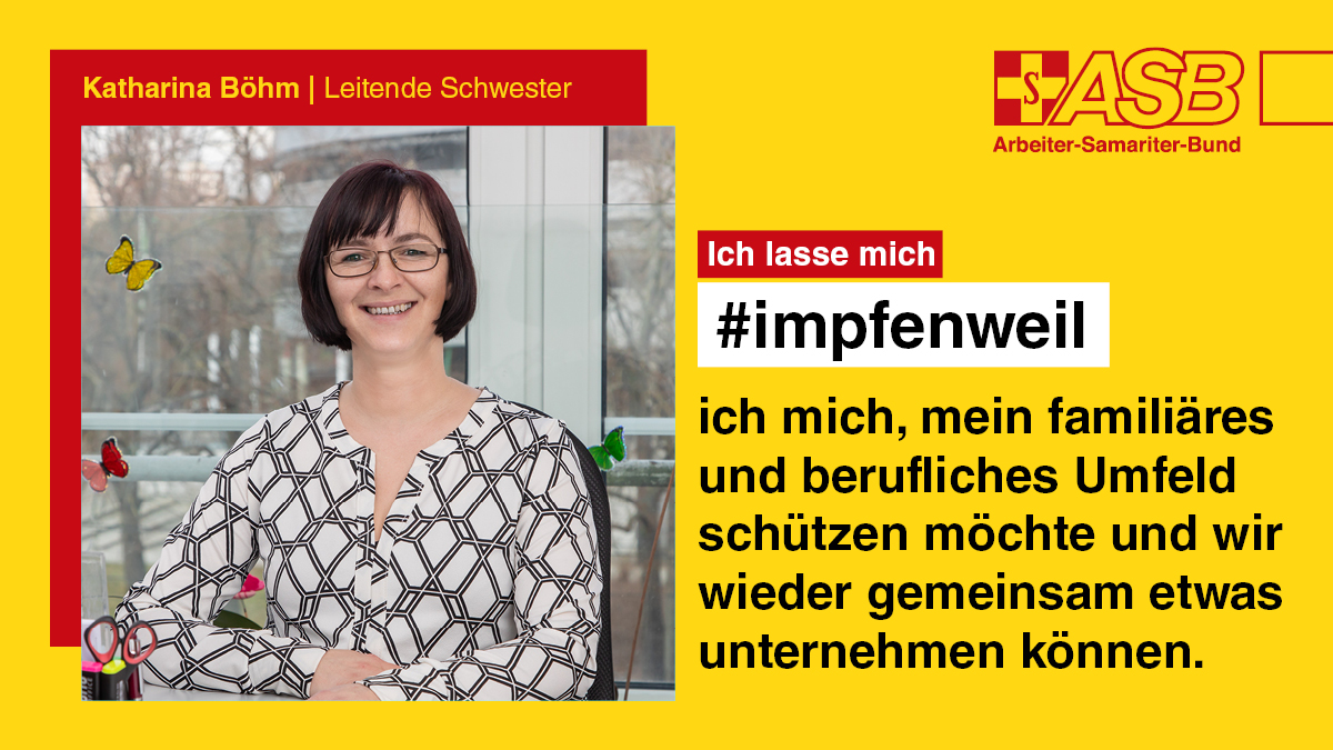 asb_de's tweet photo. Es gibt viele gute Gründe, sich gegen das Corona-Virus impfen zu lassen. Bei der Kampagne #impfenweil erzählen Menschen, was ihr ganz persönlicher Beweggrund ist.
Mehr auf https://t.co/3Yl8MLd45V
#impfenweil #impfung
@BMG_Bund @Paritaet https://t.co/wJ2h4gpB4G