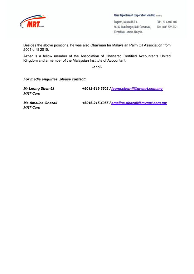 Themalaysianinsight S Tweet Just In Datuk Wira Azhar Abdul Hamid Is Appointed As Mrt Corp New Chairman Effectively From 11 May 2021 Mrtcorp Trendsmap