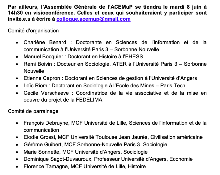 ManuelBocquier's tweet photo. Très heureux d'organiser avec l'ACEMUP le Colloque étudiant sur les musiques populaires les 3 et 4 juin, avec des jeunes chercheurs et chercheuses de @EHESS_fr, @univ_lyon2, @Sorbonne_Nvelle et @univpaulvalery / n'hésitez pas à vous inscrire  https://t.co/n1jicpQGTm https://t.co/9sGgBGanlf