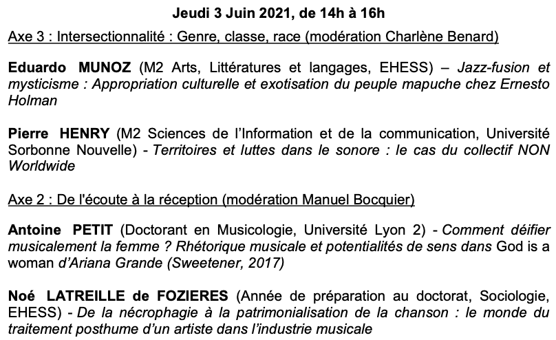 ManuelBocquier's tweet photo. Très heureux d'organiser avec l'ACEMUP le Colloque étudiant sur les musiques populaires les 3 et 4 juin, avec des jeunes chercheurs et chercheuses de @EHESS_fr, @univ_lyon2, @Sorbonne_Nvelle et @univpaulvalery / n'hésitez pas à vous inscrire  https://t.co/n1jicpQGTm https://t.co/9sGgBGanlf