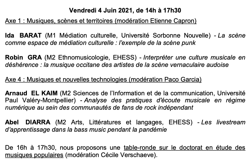 ManuelBocquier's tweet photo. Très heureux d'organiser avec l'ACEMUP le Colloque étudiant sur les musiques populaires les 3 et 4 juin, avec des jeunes chercheurs et chercheuses de @EHESS_fr, @univ_lyon2, @Sorbonne_Nvelle et @univpaulvalery / n'hésitez pas à vous inscrire  https://t.co/n1jicpQGTm https://t.co/9sGgBGanlf