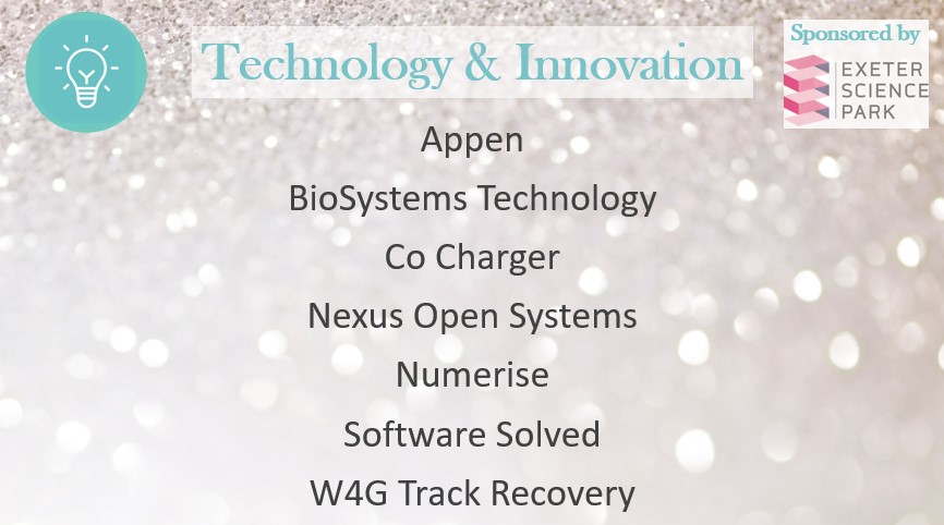 Exeter Living Awards (@exeterlivingawd) on Twitter photo Our Technology and Innovation Finalists are: <a href="/AppenGlobal/">Appen</a>, <a href="/_BioSystems/">BioSystems Technology</a>, <a href="/co_charger/">Co-Charger Electric Vehicle Charging</a>, <a href="/nexusos/">Nexus Open Systems</a>, <a href="/Numerise_/">Numerise</a>, @softwaresolved and W4G Track Recovery! 
Congratulations! 🏆 
Sponsored by: <a href="/ExeterSciencePk/">Exeter Science Park</a> Our Technology and Innovation Finalists are: <a href="/AppenGlobal/">Appen</a>, <a href="/_BioSystems/">BioSystems Technology</a>, <a href="/co_charger/">Co-Charger Electric Vehicle Charging</a>, <a href="/nexusos/">Nexus Open Systems</a>, <a href="/Numerise_/">Numerise</a>, @softwaresolved and W4G Track Recovery! 
Congratulations! 🏆 
Sponsored by: <a href="/ExeterSciencePk/">Exeter Science Park</a>