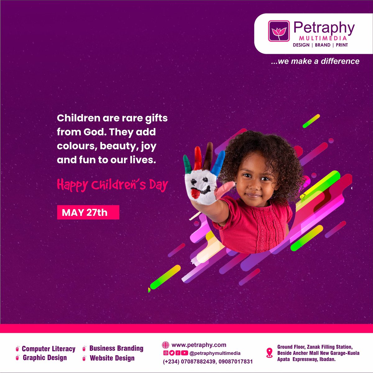 petraphy's tweet photo. Children are rare gifts from God. They add colours, beauty, joy and fun to our lives.

Happy Children's Day

#May27th
#Design #DigitalMarketing #Gift #Special #SocialMedia #needalogo #freelance  #Branding #Packages #graphicdesigna #oyo #Nigeria #Ibadan  #petraphymultimedia https://t.co/mi211gNilp