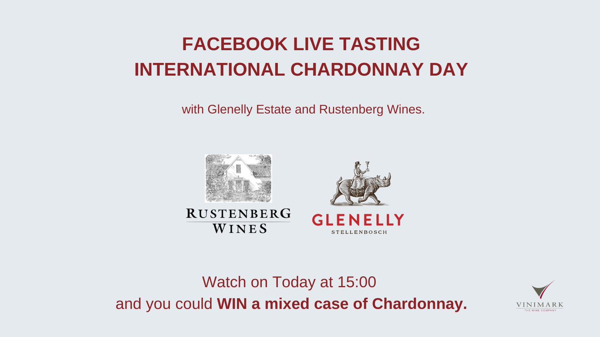 Celebrate Chardonnay Day by joining our live tasting of <a href="/GlenellyEstate/">Glenelly Estate</a> and <a href="/RustenbergWines/">Rustenberg Wines</a> at 15:00 today.

You could WIN a mixed case of Chardonnays from these two estates and <a href="/LaBriWine/">La Bri Estate</a> valued at R1400!

calendly.com/vinimark/chard…
