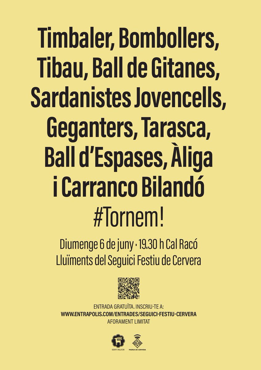 paeriacervera's tweet photo. 📣 El seguici festiu de #Cervera tornarà a sortir al carrer per la Festa de Corpus.❗

🗓️ Diumenge 6 de juny. 🕧 19.30 h.   Cal Racó.

🎟️ Accés gratuït amb reserva prèvia a: https://t.co/fhsN2xz1Oh https://t.co/QZ7yFPRt0M