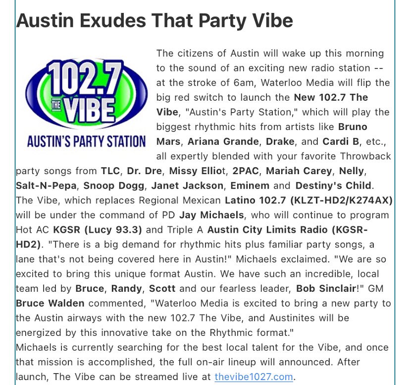 JMofPopCulture's tweet photo. Life comes full circle βοΈ back to AustinTx & living my dream! Adding programming to a 3rd station βΌοΈ βThe New 1027 The Vibe...Austinβs Party Stationβ pure #gratitude & in the music destination in the world #ATX HUGE thank YOU to #WaterlooMedia #Family #Friends & #industry πΆπΆπΆ https://t.co/Md9HFW5pdD